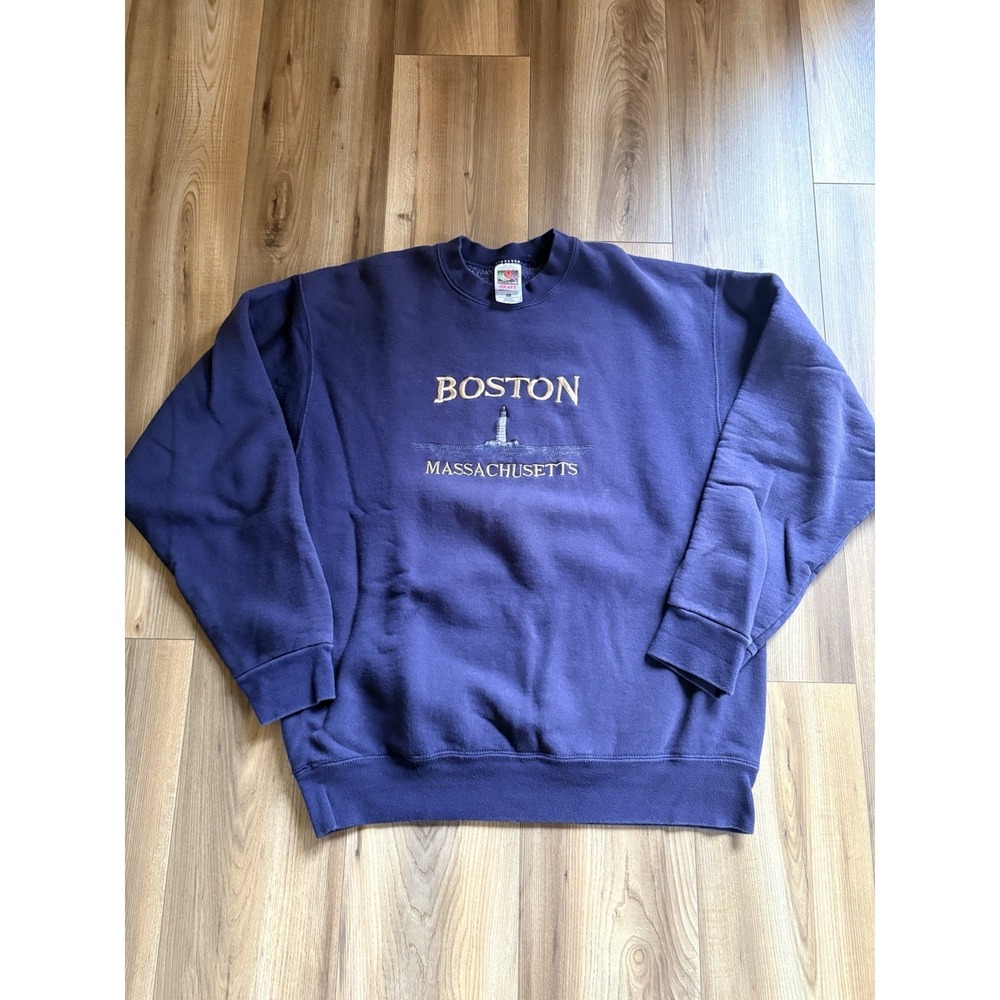 Boston Mass Sweatshirt Navy Blue Embroidered Men's XL Crewneck Cotton Blend